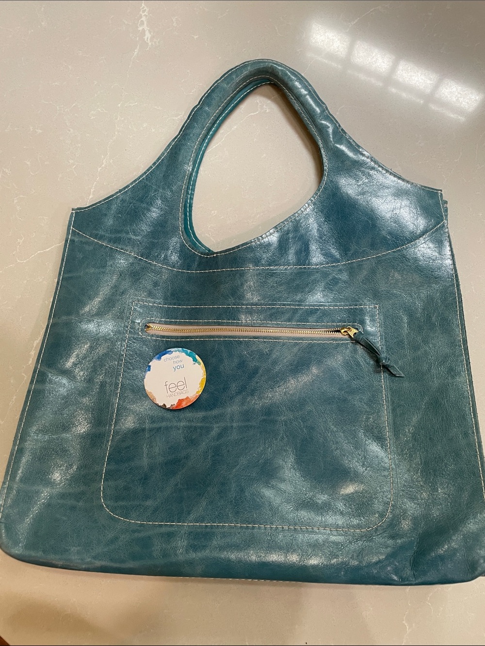 Teal Leather Tote with Front Zip Pocket